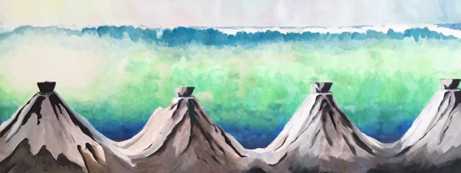 Edited version of a painting of a dream: plugged volcanoes with a cresting wave beyond them, poised to fall.