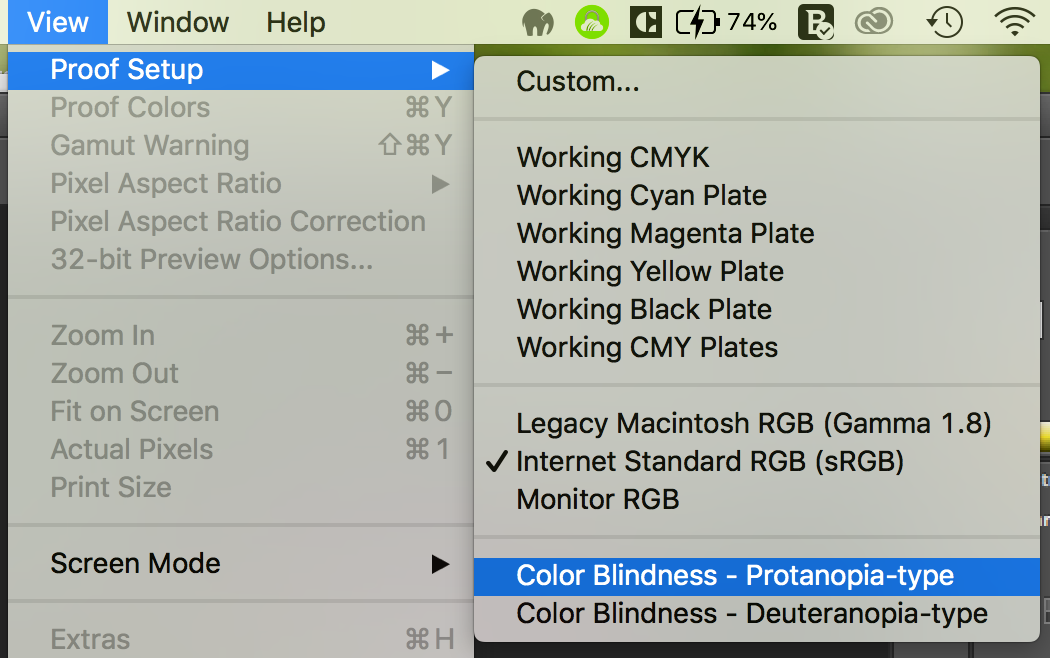 Path to colorblindness previews in Adobe Photoshop